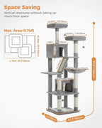 PEQULTI 71'' Cat Tree for Indoor Cats with Big Hammock, Tall Cat Tower for Large Cats with 2 Cat Condo, 2 Soft Top Perch, Scratching Posts and Pad, Grey