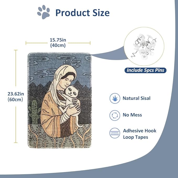 NATUAY Cat Scratcher Sisal Mat Furniture Protector for Wall Couch Carpet Door Mounted, Self-Adhesives Artistic Cats Scratcing Pad with Twist Pins (Mom and Cat, 23.6"x15.8")