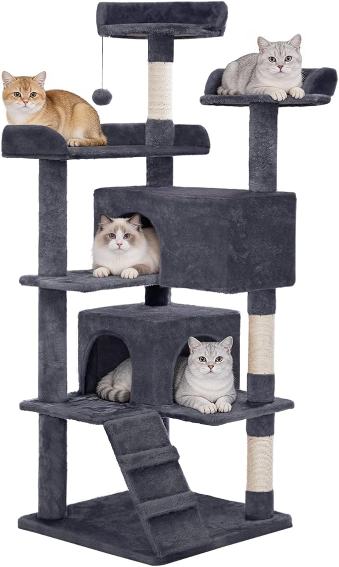 Cat Tree Tower 56in Cat Trees Multi-Level Cat Condos with Spacious Perch, 2 Cozy Condos, Scratching Posts, Climbing Ladder, Toy Ball, Durable Pet House Furniture for Indoor Kittens, Dark Gray