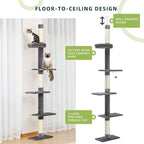 PETEPELA Floor to Ceiling Cat Tree, Cat Tower 5-Tier Height(95-107 Inches) Adjustable, Tall Cat Climbing Tree Featuring with Scratching Post, Cozy Bed,Interactive Ball Toy for Indoor Cats/Kitten Grey