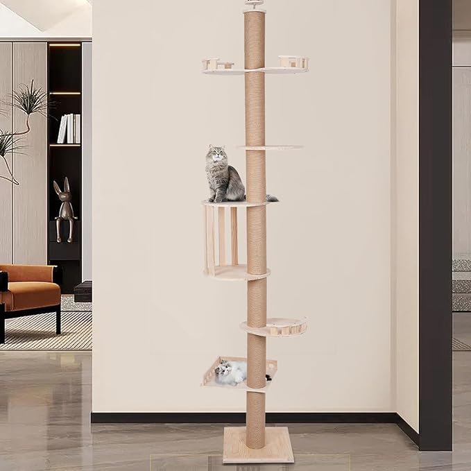 Modern Cat Tree Tower, 5 Tier Tall Cat Tree Cat Scratching Post Sturdy Wood Cat Climbing Tower Floor to Ceiling Cat Tree Cat Perch for Cat Scratch, Play, and Sleep