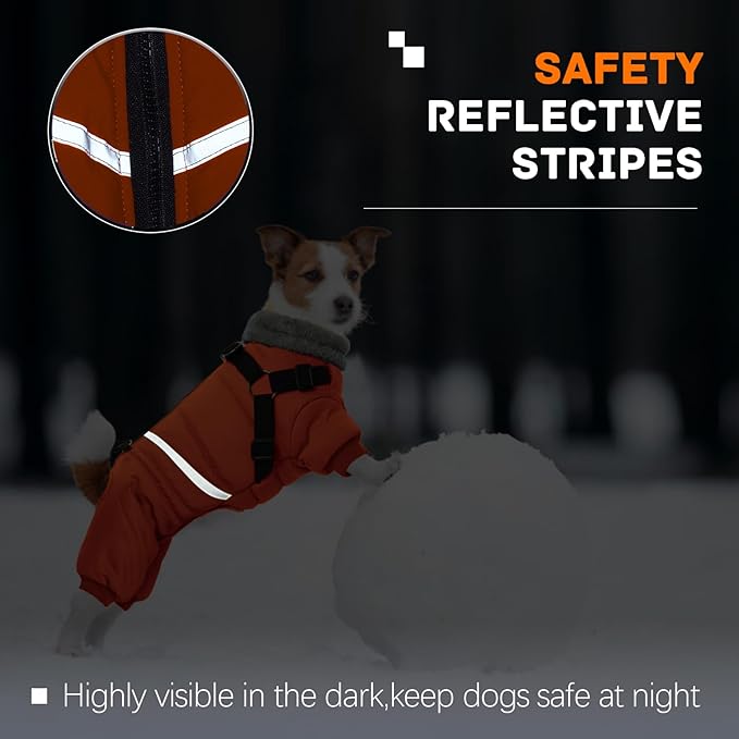 BRKURLEG Small Dog Winter Coat with Harness Built in, Orange Winter Dogs Jackets, Fullbody Dog Coat, Dogs Snowsuits Reflective Windproof Cold Weather Coats, Pet Warm Fleece Coats, S