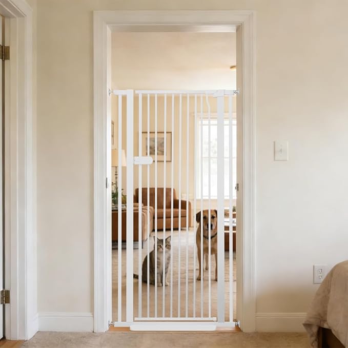 Lumizone Extra Tall Cat Gate 55.12" High Pressure Mounted Extra Wide 2025 New (17 Sizes) 1.37" Gap No Drilling Auto-Close One-Handed Operation Tall Pet Gate for Dogs(White, 55.12" H x 29.92"-34.24" W)