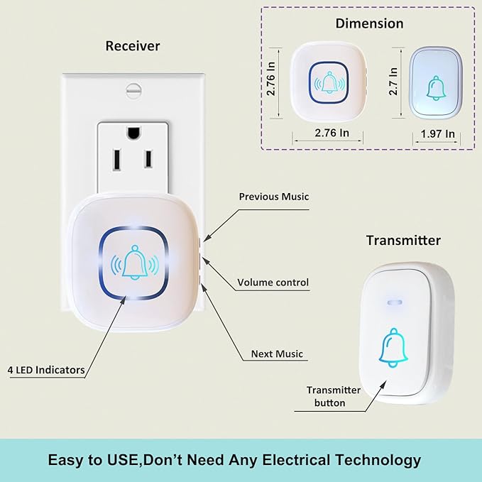 Wireless Doorbell, 1,200ft Wireless Range Doorbell,5 Volume Levels Loud Enough, Mute Mode with 52 Chimes,LED Flashing and Memory Setting.