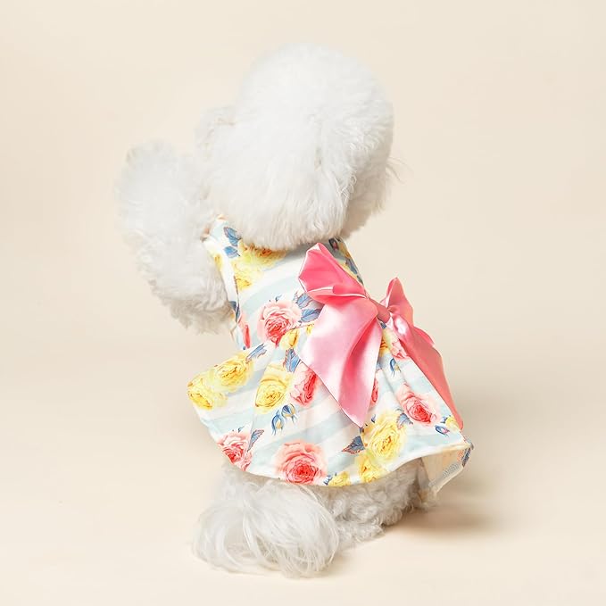 PUPTECK Floral Dog Dress for Spring Outfit Puppy Cute Small Dogs Clothes,Stripe,S
