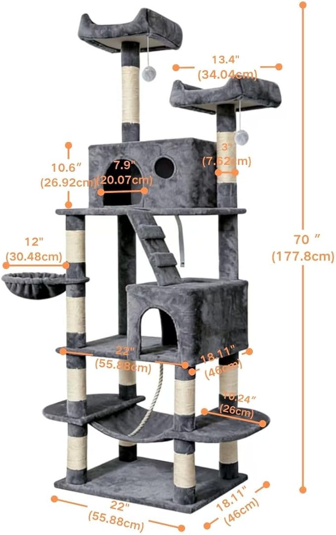 Pawly 70" Extra Tall Cat Tree with Dual Hammocks & Enlarged Condos, Premium CARB P2-Compliant Particle Board, 350G Plush Natural Sisal Cat Tower for Big Cats & Multi-Cat Families, Gray