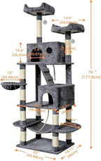 Pawly 70" Extra Tall Cat Tree with Dual Hammocks & Enlarged Condos, Premium CARB P2-Compliant Particle Board, 350G Plush Natural Sisal Cat Tower for Big Cats & Multi-Cat Families, Gray