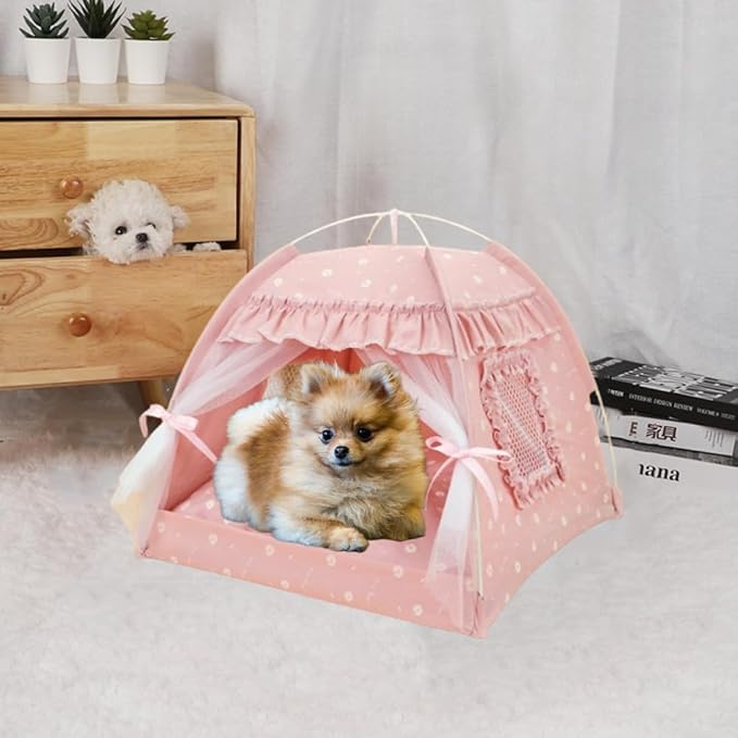 Selena Cat Bed Tents Dog House Indoor Outdoor Lace Mesh Breathable Windows Door Curtains Removable Portable Nest Teepe House (Medium,Pink(Ruffled Teim))