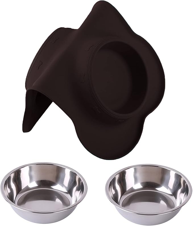 Hubulk Pet Dog Bowls 2 Stainless Steel Dog Bowl with No Spill Non-Skid Silicone Mat + Pet Food Scoop Water and Food Feeder Bowls for Feeding Small Medium Large Dogs Cats Puppies (Large, Chocolate)