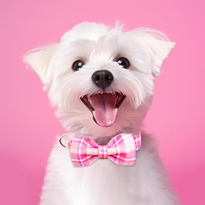 Tunkoo Dog Collar Super Cute Pink Plaid with Bow Tie - Durable Adjustable and Stylish Cotton Pet Collar for Girls Small Medium Large, L