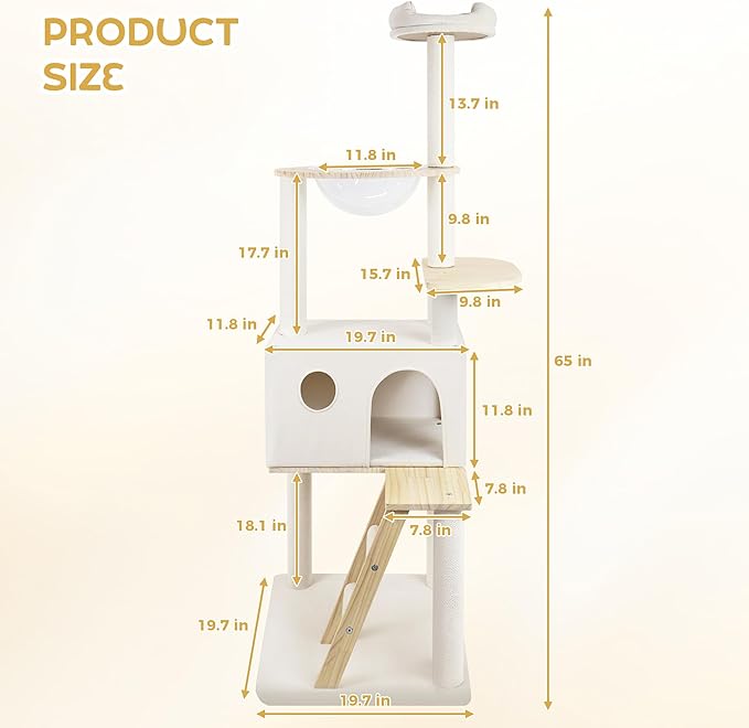 65" Large Cat Tree with Condo & Spacecraft Design - Sturdy Wood Cat Tower with Scratching Posts, Plush Perches & Ladder for Indoor Cats, White Modern Cat Furniture