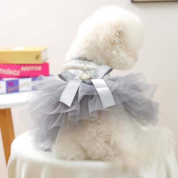 ANIAC Gray Dog Dress for Small Dogs Female,Bow Knot Girl Puppy Clothes with Detachable Pearl Necklace, Elegant Cat Dress, Formal Pet Pary Outfit for Wedding Birthday Valentines (Gray, Small)