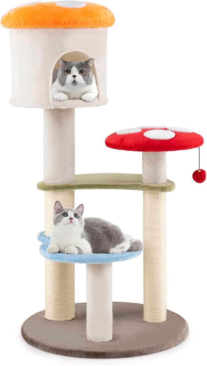 Tangkula Mushroom Cat Tree, 48 Inch Cute Cat Tower with Sisal Scratching Posts, Top Condo, Padded Platforms, Dangling Ball, Multi-Level Modern Cat Furniture, Activity Center for Indoor Cats