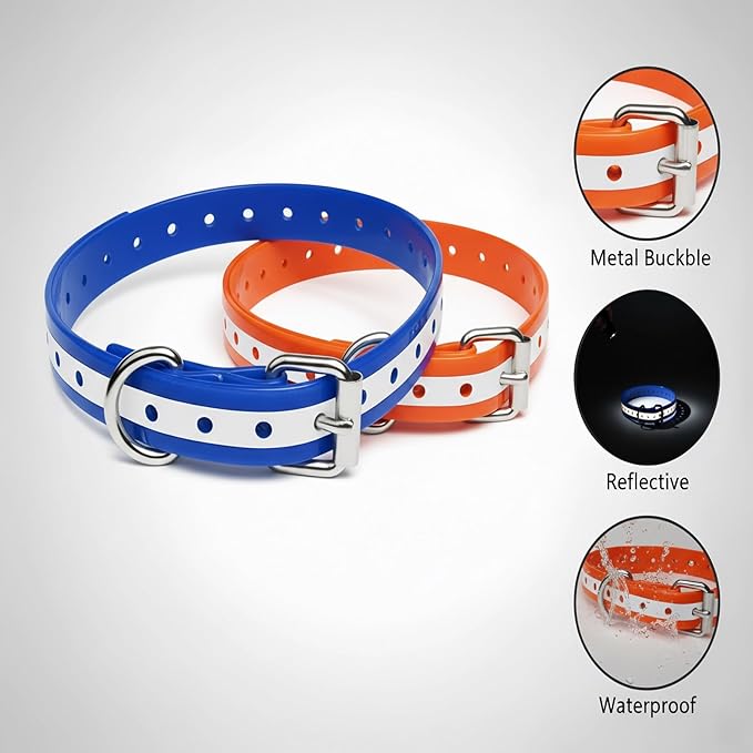 Dog Collar Strap for Most of Electronic Training Shock Collar Receivers-Adjustable Durable Waterproof Odorless 3/4 Inch Ecollar Replacement for Barking Fence-Pet TPU Collar Strap 2 Pack(Orange & Blue)