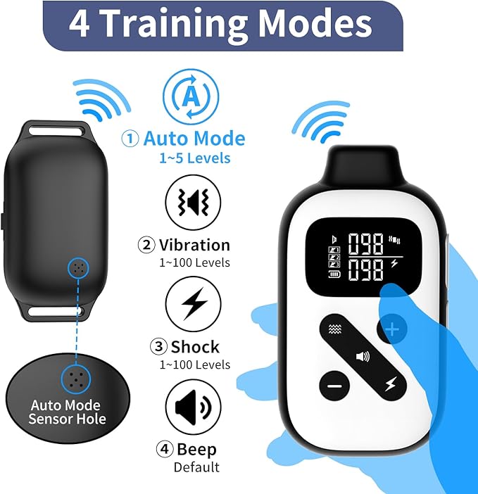PetJoy Bark Collar with Remote, Bark and Training Collar Combo, Shock Collar for Large Dogs, Auto Bark Collar - Shock, Vibration, Beep and Auto Mode (Level 1-5), Remote Range 2800 Ft