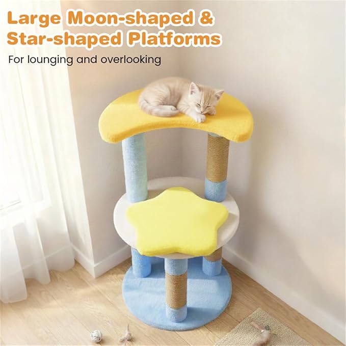 Moon & Star Themed Cat Tree Tower, 29" Tall, Cute Cat Tree for Indoor Cats, 4-Tier Cat Tree Tower for Indoor Cats with Jute Scratching Posts (Blue)