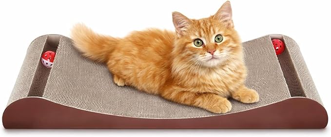 Simple Delxue Cat Scratcher Cardboard Lounge Bed with Bell Ball Toy, 30 Inches Large Horizontal Cat Scratcher Pad, 100% Recyclable & Reversible Durable Cardboard Scratching Board for Indoor Cats