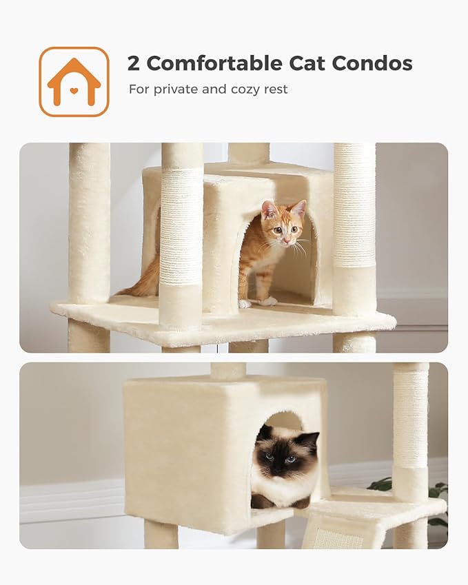 PEQULTI 71'' Cat Tree for Indoor Cats with Big Hammock, Tall Cat Tower for Large Cats with 2 Cat Condo, 2 Soft Top Perch, Scratching Posts and Pad, Beige