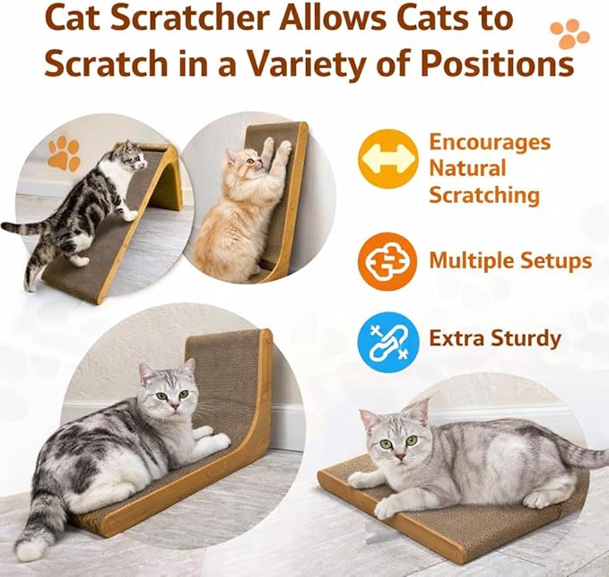 SnuggleSpruce L-Shaped Cat Scratcher with Jingle Ball | 26.5" Cardboard Scratching Post | Protects Furniture | Non-Slip Base | Easy Assembly | Medium, Brown