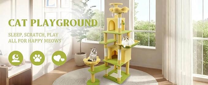 71 Inch Yellow Flower Cat Tree with Large Condo Removable Flower Cushion and Hammock, Foldable Multi Level Tower for Large Cats, Space-Saving Cat Furniture with Scratching Posts