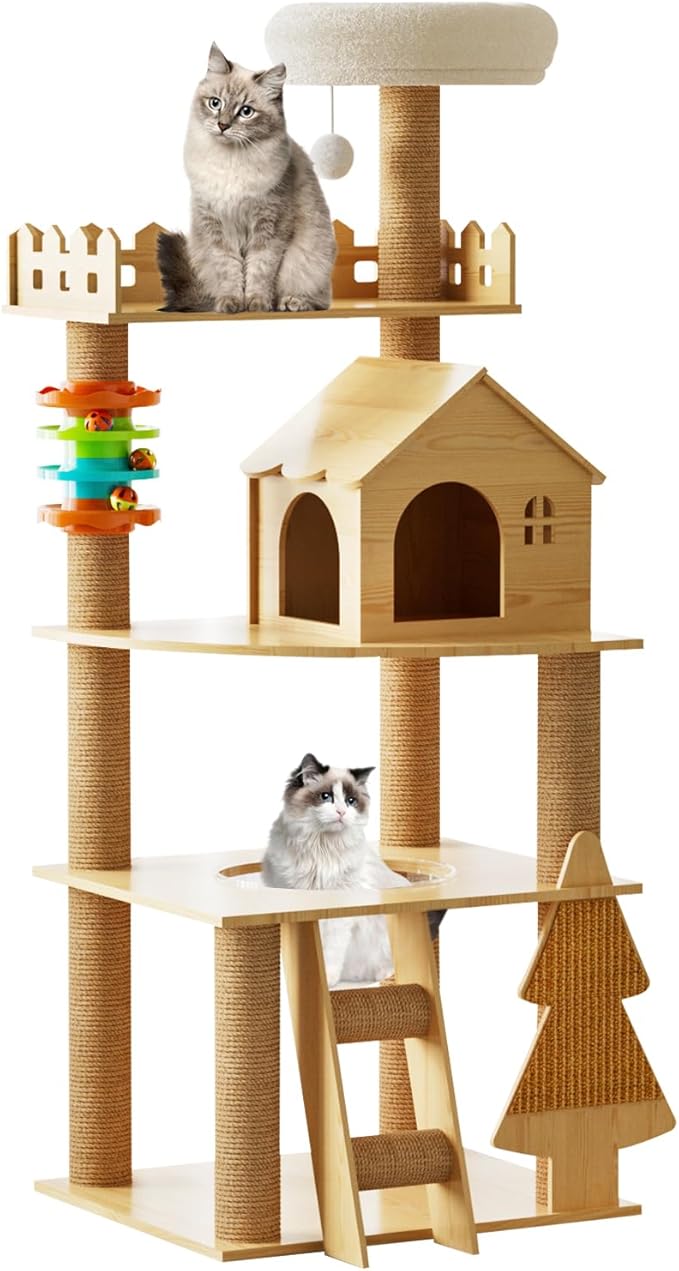 Cat Tree, Wood Cat Tree Tower for Indoor Cats, 60.7" Modern Cat Tower with Sisal-Covered Scratching Posts and Top Perch，Cat Condo with Acrylic Hammock for Small Large Cats