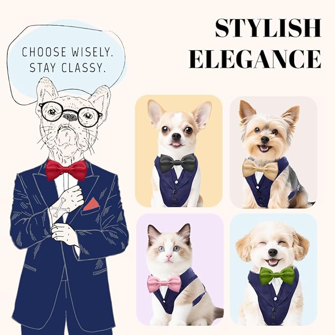 AVERYDAY XS Pet Tuxedo Harness, Wedding Costume Outfit for Small Dogs, Slim Cats and Tiny Pets with 9.1" Neck, 14.2-18.9" Chest, 9" Max Head Girth, Formal Suit Costume for Mini Breeds