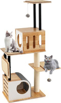 Tangkula Modern Cat Tree, Tall Multi-Level Cat Tower with Double Condos, Jumping Platforms, Dangling Balls, Sisal Carpets & Scratching Posts, Wood Cat Tree Tower for Indoor Cats