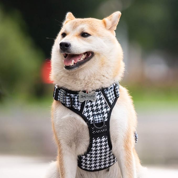 PoyPet No Pull Dog Harness, [Release on Neck] Reflective Adjustable No Choke Pet Vest with Front & Back 2 Leash Attachments, Soft Control Training Handle for Small Medium Large Dogs(Houndstooth,S)