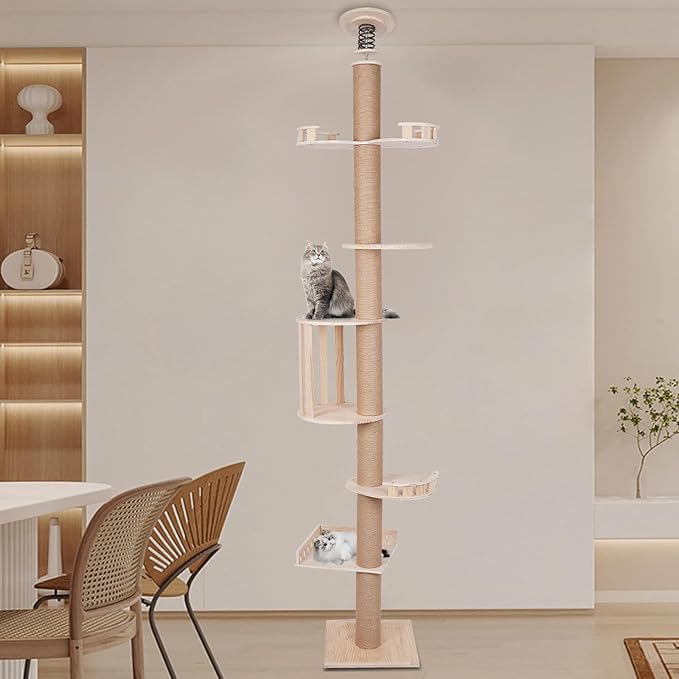 Floor-to-Ceiling Cat Tree, Adjustable Height 100.4-104.3" Wooden Cat Climbing Tower for Indoor Cats, Cat Condo with Jumping Platforms & Scratching Post, Holds 20kg/44.1lbs