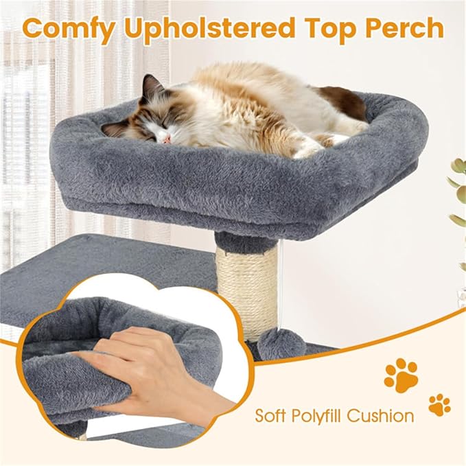 SUBARASHII 44" Multi-Level Cat Tree with Spacious Top Perch, 2-Door Condo & Hammock for Indoor Cats -Gray