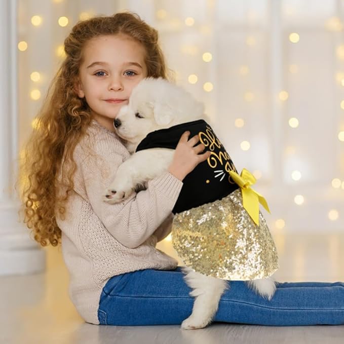 Dog Happy New Year Outfit Dog Dress New Years Pet Costumes for Dogs Funny Puppy Dress with Bow for Small Medium Dogs Girls Cats