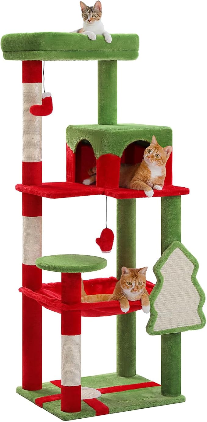 PEQULTI Christmas Cat Tree for Large Cats with Metal Frame Big Hammock, Cat Tower for Indoor Cats with 2 Door Condo House, [56.3"=143cm] Multi-Level Cat Shelves with Scratching Posts and Top Perch