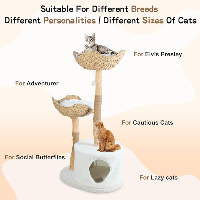 46'' Cat Tree, Wooden Modern Cat Tower with 2 Woven Baskets & Scratching Post, Indoor Cats Activity Center, Climbing Tower with Cozy Cave, Sturdy Cats Furniture for Kittens & Large up to 22lb