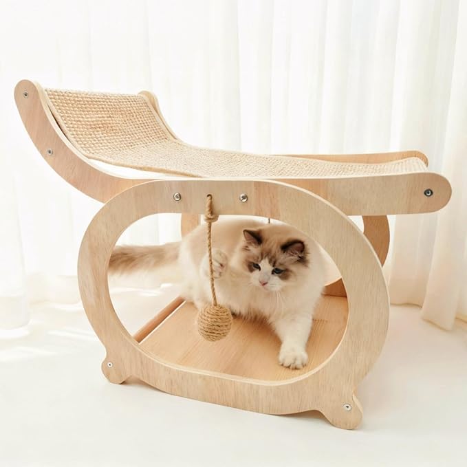 Sisal Cat Scratcher Chair, Elevated Cat Lounge Beds for Indoor Cats, Wooden Pet Hammock Couch for Scratching, Natural
