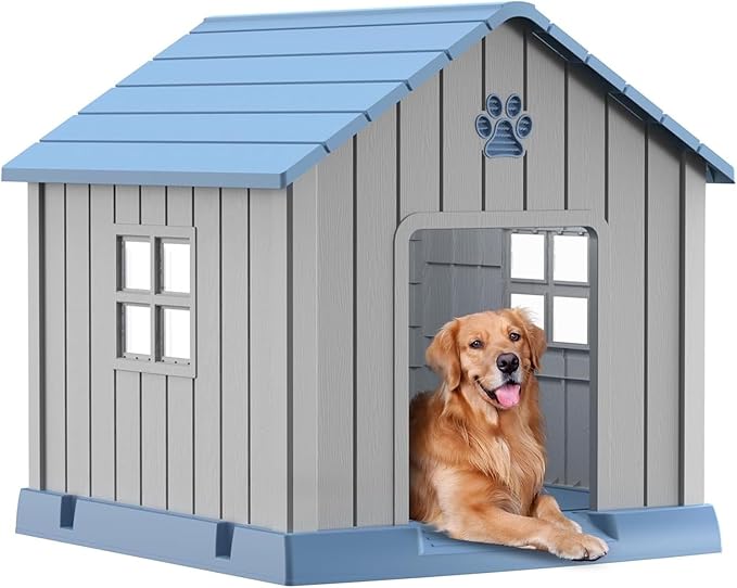 VIXZEN Dog House Outdoor, 38 Inches Weatherproof Resin Dog House Indoor Large with Air Vents & Elevated Floor, Doghouse Outdoor for Large Dogs, Easy Assembly, Versatile Storage Functionality (Blue)