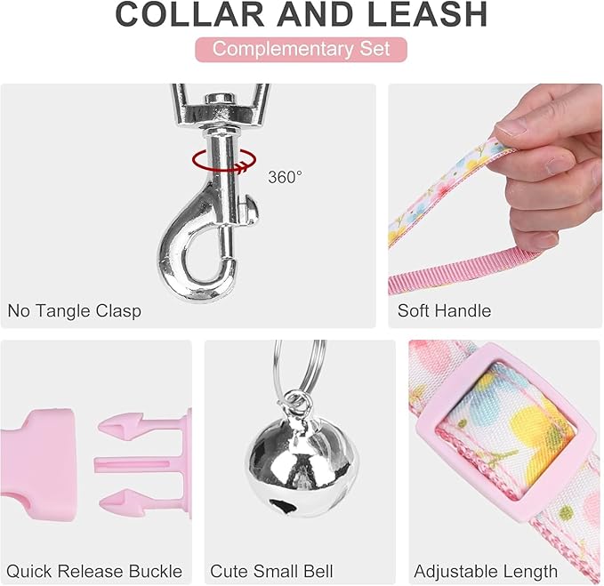 EXPAWLORER Dog Harness and Leash Set - Cute Puppy Harness Leash Dog Collar with AirTag Holder Silicone Case, Soft Padded Step in Pet Vest Reflective for Outdoor Walking, Floral L