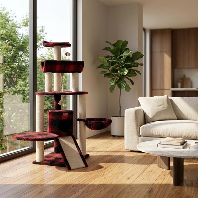 Multi-Level Cat Tree with Natural Sisal Scratching Posts, Plush Condo, Perches and Hanging Toy, Red Buffalo Plaid, 58" Height