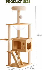 48.4" Tall Cat Tree, Wood Cat Tower for Indoor, Cat Condo with Acrylic Hammoc, Climbing Tower with Sisal-Covered Scratching Posts and Top Perch for Small Large Cats