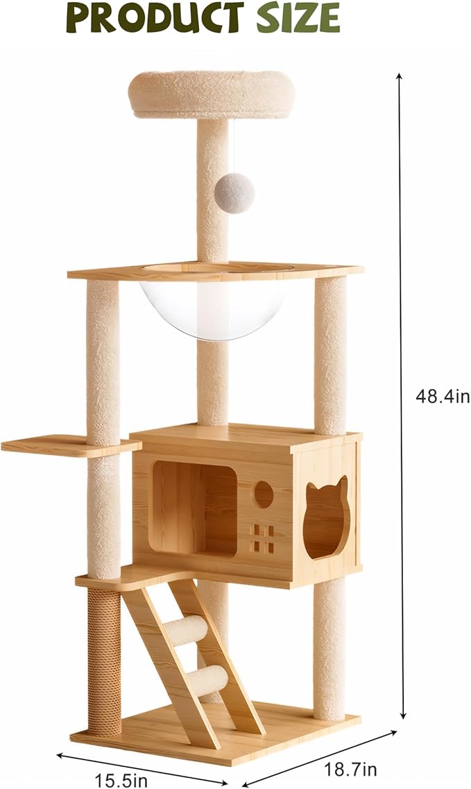 48.4" Tall Cat Tree, Wood Cat Tower for Indoor, Cat Condo with Acrylic Hammoc, Climbing Tower with Sisal-Covered Scratching Posts and Top Perch for Small Large Cats