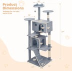 Tall Cat Tree with Scratching Post, 2 Cat Condos and Ladder, Cat Tower for Indoor Cats Kittens Climbing Tower with Anti-Tipping Rope, 77 Inch, Light Gray