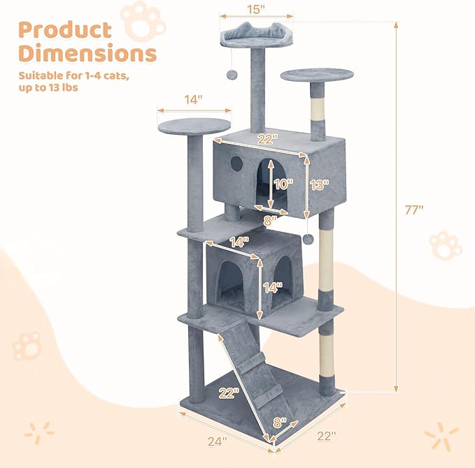 Tall Cat Tree with Scratching Post, 2 Cat Condos and Ladder, Cat Tower for Indoor Cats Kittens Climbing Tower with Anti-Tipping Rope, 77 Inch, Light Gray
