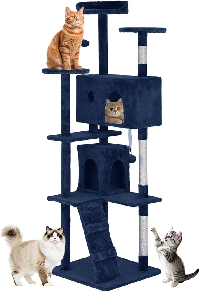 BestOffice 70 Inch Cat Tree, Multi-Level Cat Tower with Condo, Perches, Sisal Scratching Posts, Climbing Ladder,Indoor Activity Center Play House for Kittens & Adult Cats, Navy Blue