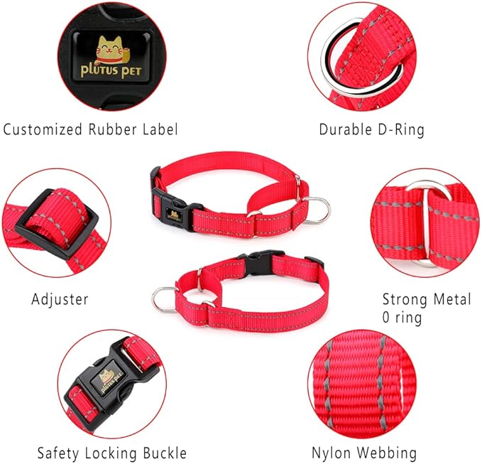 PLUTUS PET Reflective Martingale Collar with Quick Snap Buckle,No Pull Dog Choker Collar for Small Medium Large Dogs,L,Red