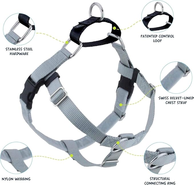 2 Hounds Design Freedom No Pull Dog Harness, Adjustable Harness and Leash Set, Easy Walking & Comfortable Control, Fits Small, Medium & Large Dogs, Solid Colors, Made in USA, 5/8" XS, Silver