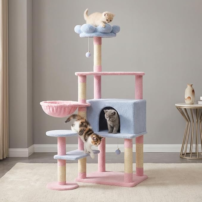 Flower Cat Tree with Large Condo, Removable Flower Cushion and Hammock, Multi-Level Cat Tower with Hanging Basket, Cat Cave, Scratching Posts,Cat Furniture for Indoor Cats, Perfect for Multiple Cats