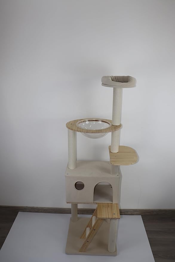 65 Inch Wood Cat Tree with Large Condo Ladder and Transparent Spacecraft Modern Cat Tower with Scratching Posts for Large Cats White