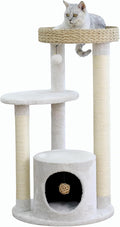 PetPals 4-Level Multi-Activity Cat Tree with Base Condo,Handwoven Paper Rope Top Nest Bed, Replaceable Sisal Scratching Posts,Teaser Toy (Cream and Beige)