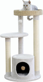 PetPals 4-Level Multi-Activity Cat Tree with Base Condo,Handwoven Paper Rope Top Nest Bed, Replaceable Sisal Scratching Posts,Teaser Toy (Cream and Beige)