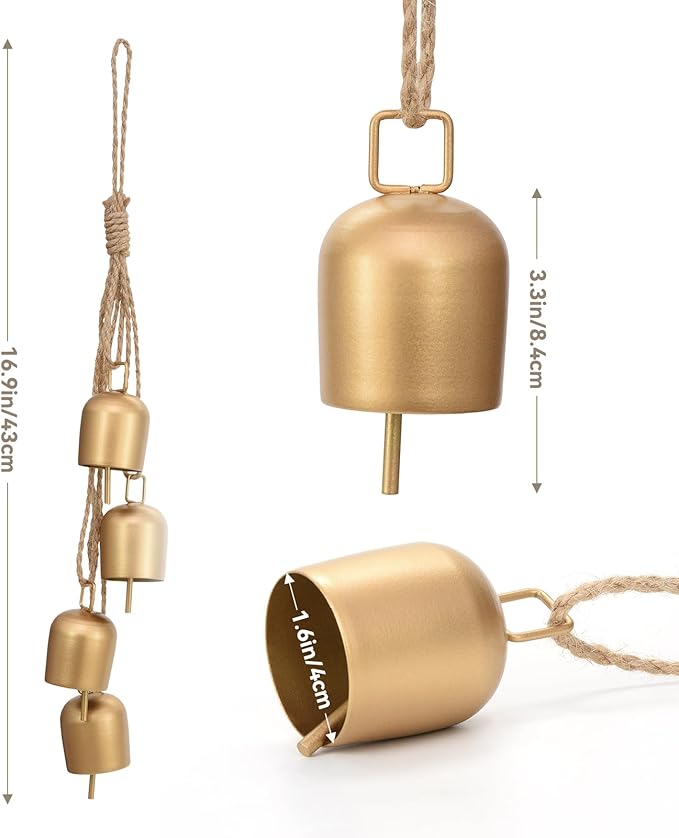 Gold Christmas Bells for Decorations: Vintage Bells Metal Decorative Bells with Jute Hanging Rope - Rustic Bells Small Cow Bell for Christmas Wreath Garland Tree Party Door Wedding Staircase