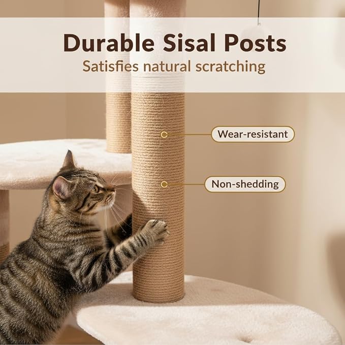 Tangkula Modern Cat Tree, 65 Inch Tall Cat Tower with Jute Scratching Posts, Dangling Balls, Cattail Basket Bed & Top Perch, Removable & Washable Cushions, Aesthetic Cat Tree for Indoor Cats